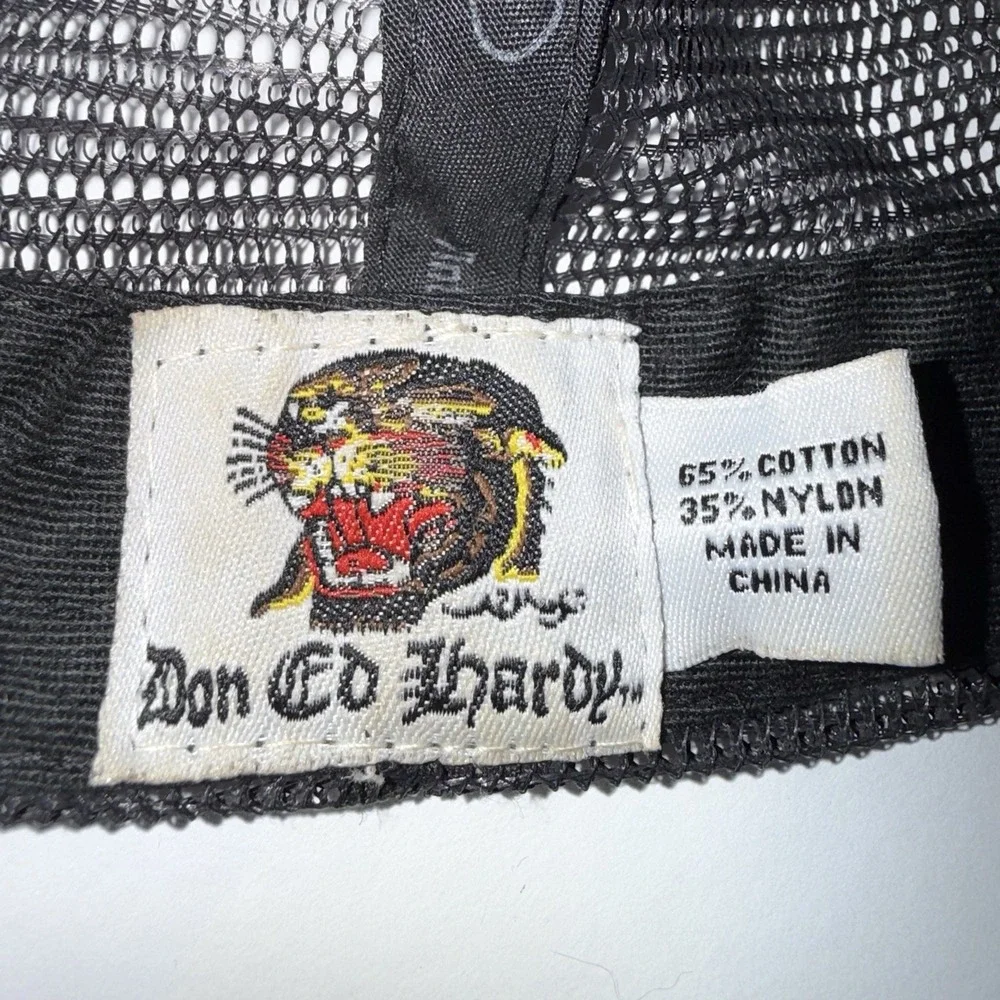 Ed Hardy Christian Audigier Tiger Rhinestone Trucker Hat Black Mesh Snapback Y2K